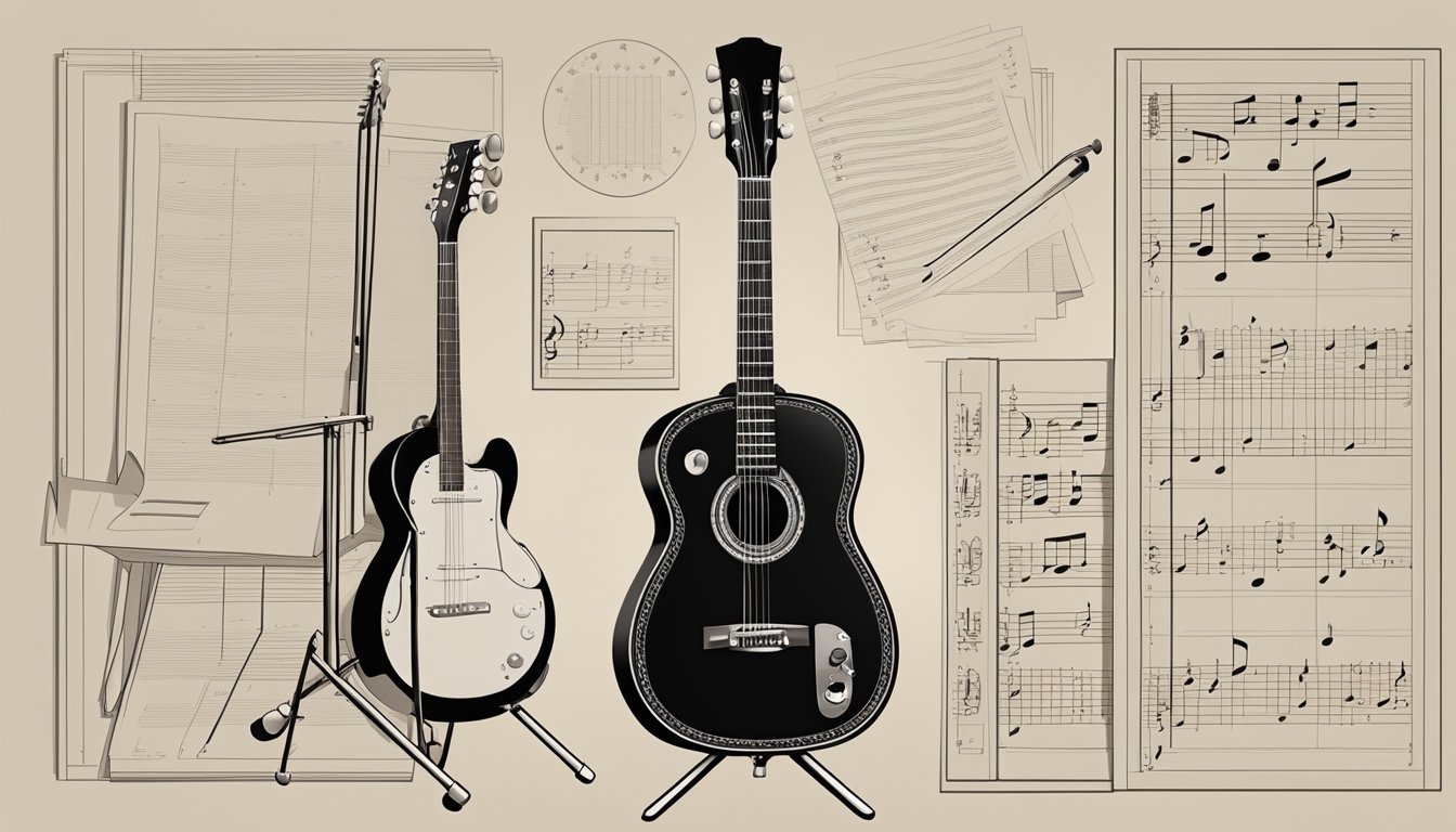 A guitar laid out with a music stand, sheet music, and a metronome nearby for practicing scales