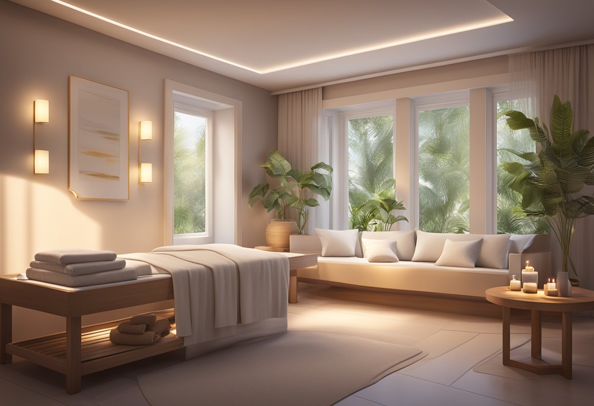 A serene spa room with soft lighting, a comfortable treatment bed, and a table stocked with skincare products