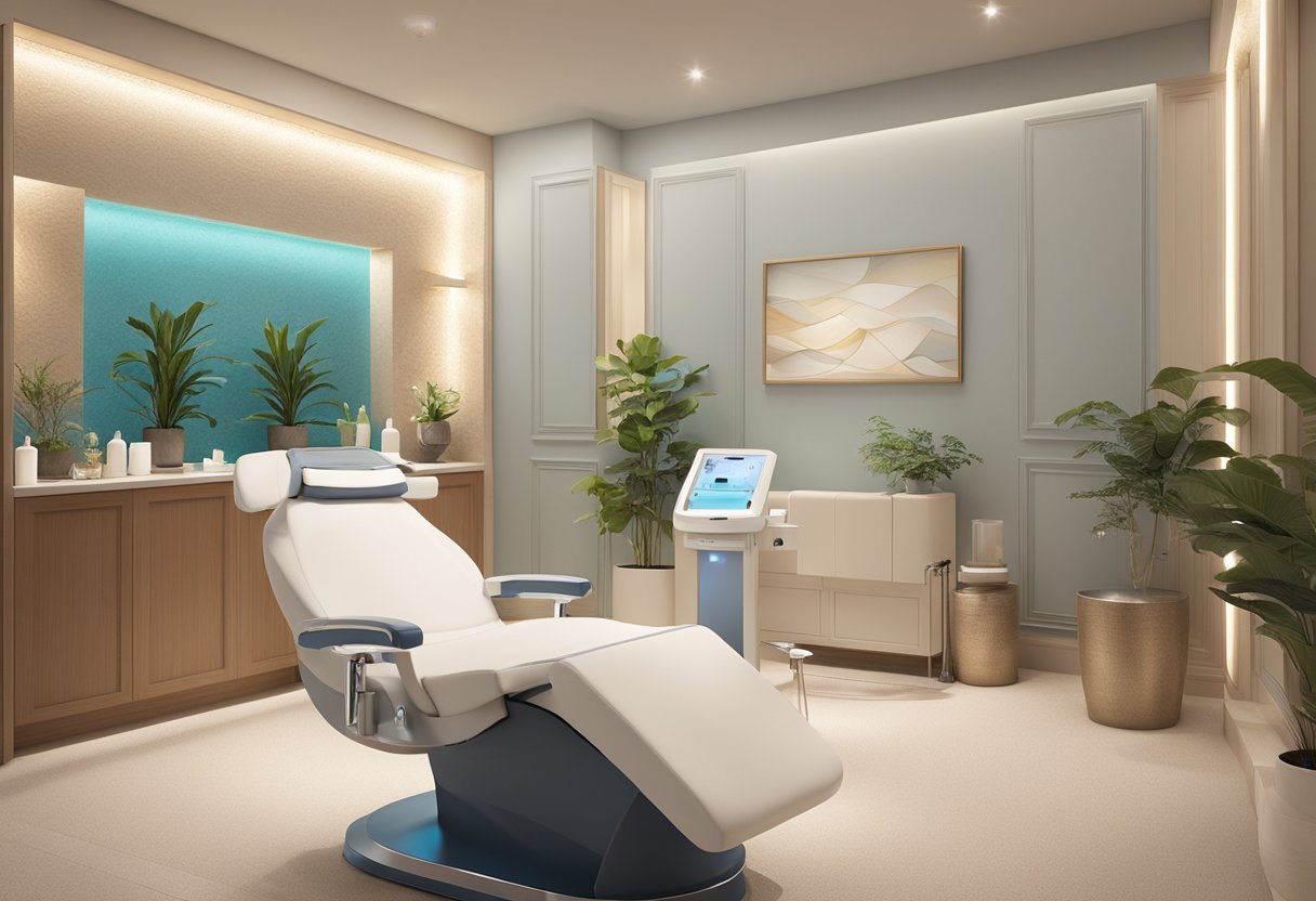 A serene spa room with a reclined treatment chair surrounded by soft lighting and soothing decor. A HydraFacial machine sits nearby, ready for use