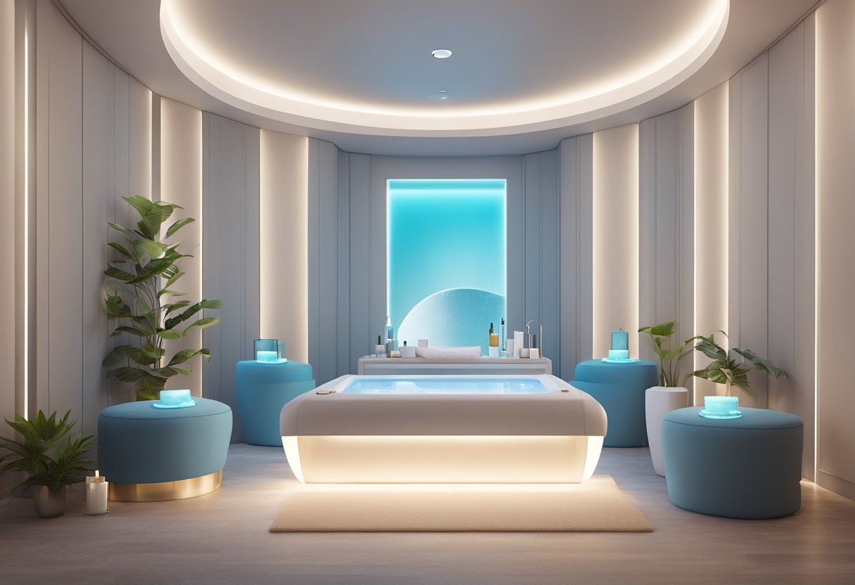 A serene spa environment with a HydraFacial machine, skincare products, and a comfortable treatment bed surrounded by soft lighting and calming decor