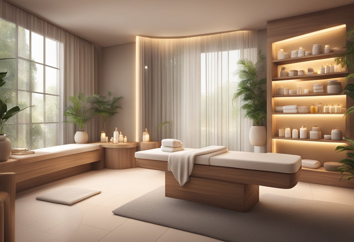 A serene spa room with a comfortable treatment bed, soft lighting, and shelves stocked with skincare products. A serene atmosphere with a focus on relaxation and rejuvenation