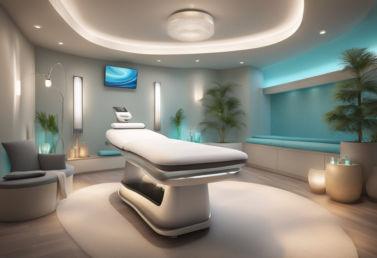 A serene, tranquil spa room with soft lighting, a comfortable treatment bed, and a HydraFacial machine ready for use