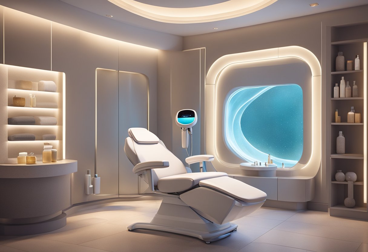 A serene spa room with soft lighting and a reclining treatment chair. A gentle, bubbling HydraFacial machine stands ready for a client with sensitive skin