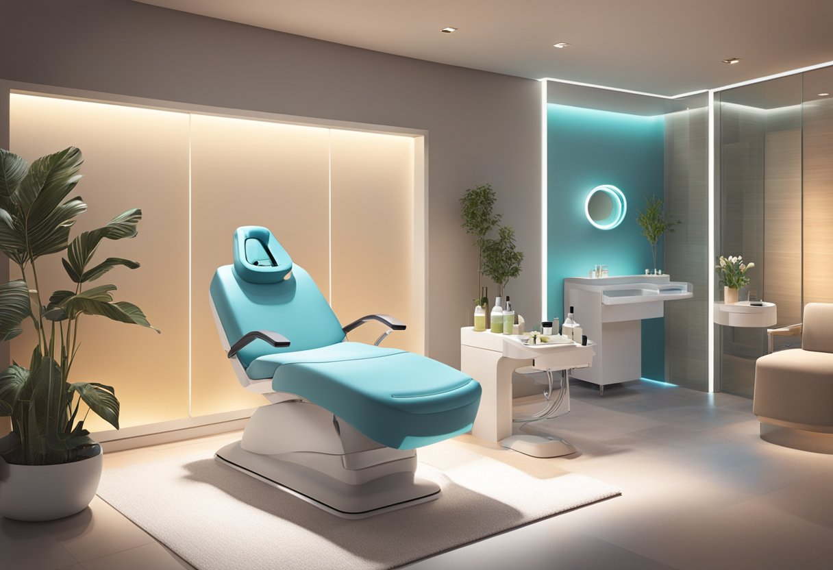 A serene spa room with soft lighting, a comfortable treatment chair, and a professional skincare technician performing a HydraFacial on a client with sensitive skin