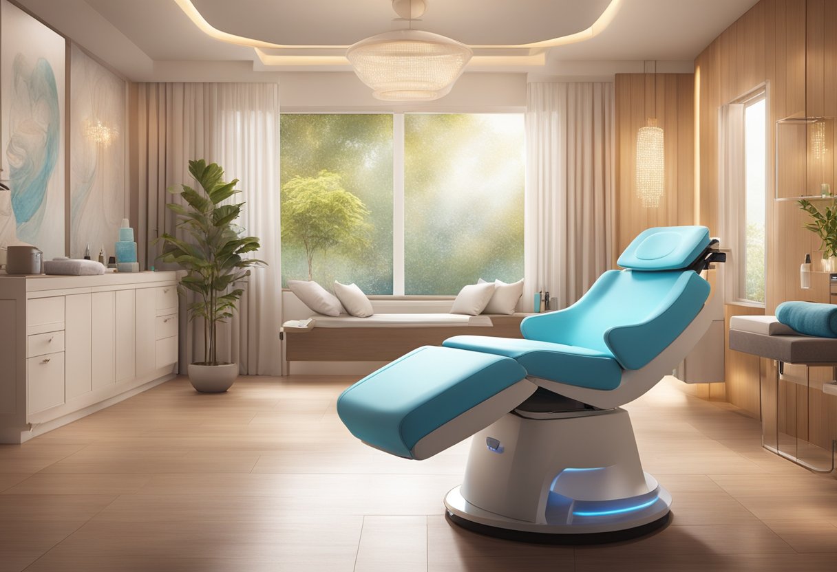 A serene spa room with a reclining treatment chair, soft ambient lighting, and a HydraFacial machine in the background