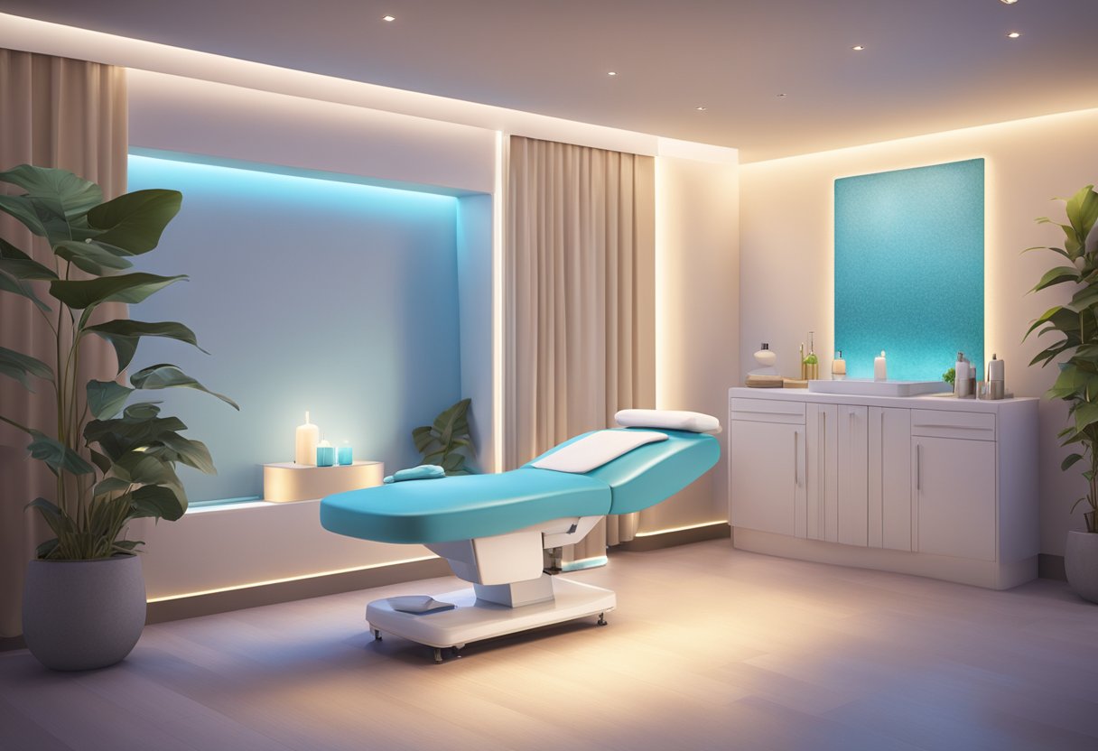 A serene spa room with a reclining treatment chair, soft lighting, and a HydraFacial machine in the background. A calm and peaceful atmosphere