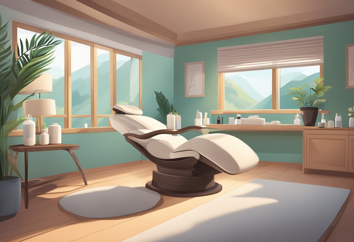 A serene spa room with a reclining chair, soft lighting, and a soothing atmosphere. Aesthetic equipment and skincare products are neatly displayed