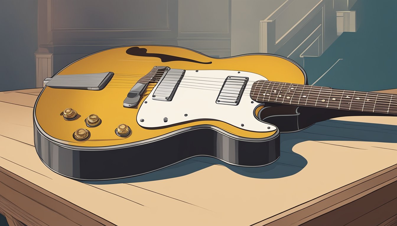 A guitar resting on a table, with long, elegantly manicured nails visible in the background