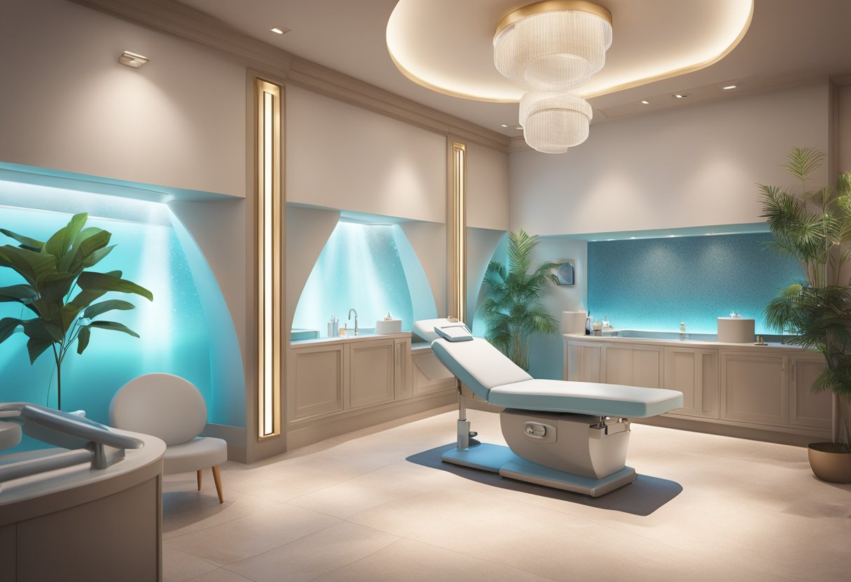 A serene spa room with a HydraFacial machine, soft lighting, and a calming atmosphere