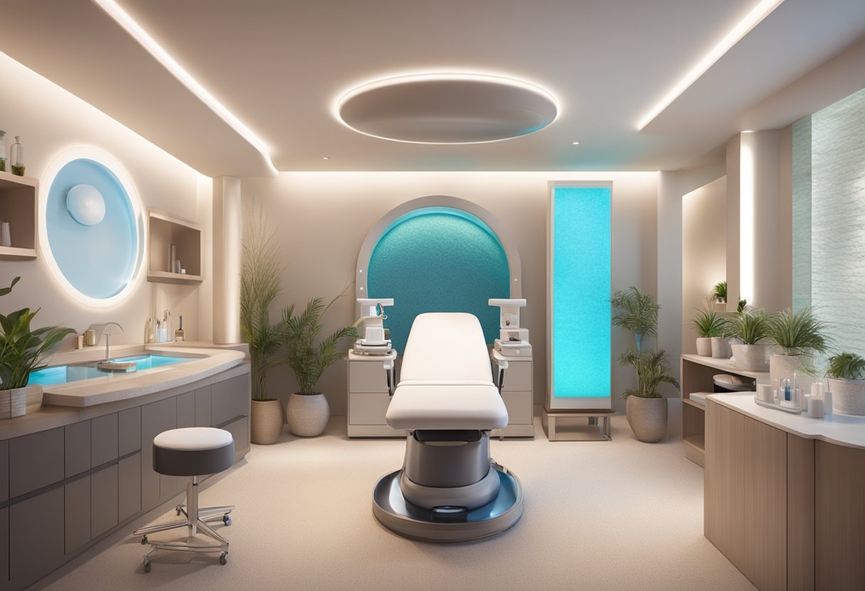 A serene spa room with a comfortable treatment bed, soft lighting, and a professional skincare station with products and equipment for a HydraFacial