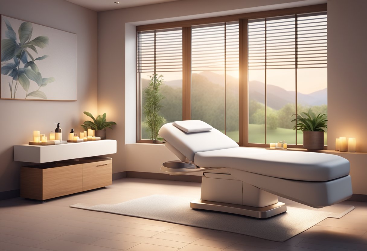 A serene spa room with a comfortable treatment bed and a professional skincare machine. A calm, clean environment with soft lighting and soothing decor