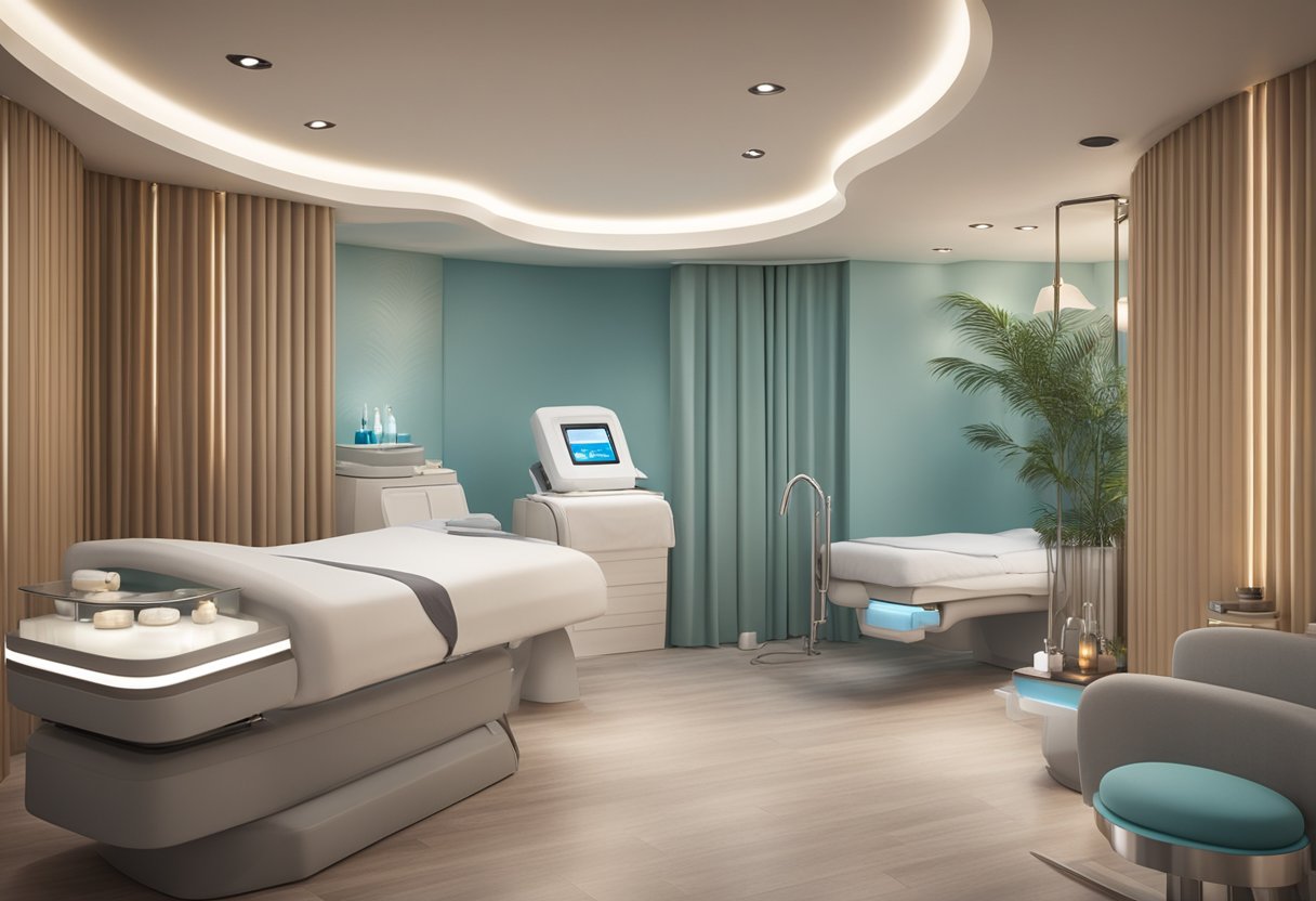 A serene spa room with a comfortable treatment bed, soft lighting, and a professional skincare machine for a HydraFacial treatment