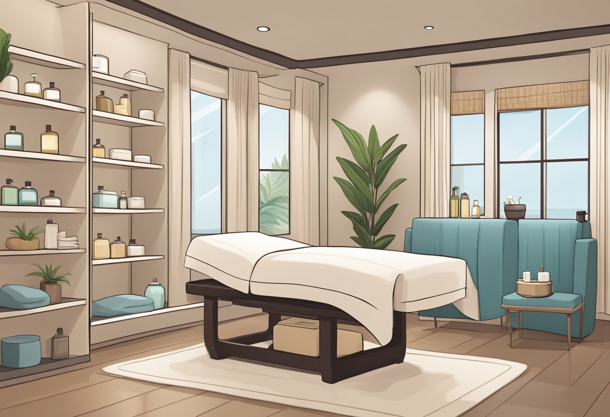 A serene spa room with a comfortable treatment bed and soothing decor. A shelf displays skincare products, and a pamphlet outlines post-treatment care