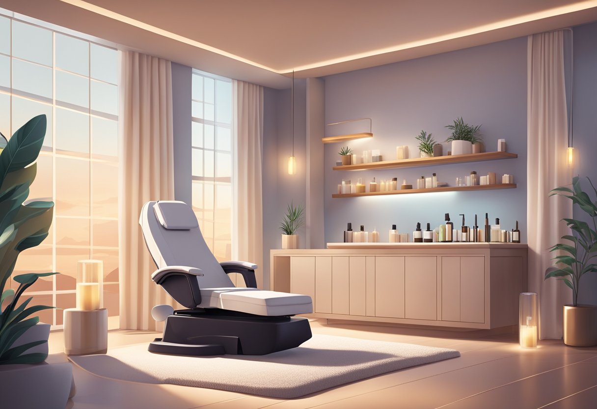 A serene spa room with a comfortable treatment chair, soft lighting, and a professional skincare machine. A calming atmosphere with soothing music and essential oils