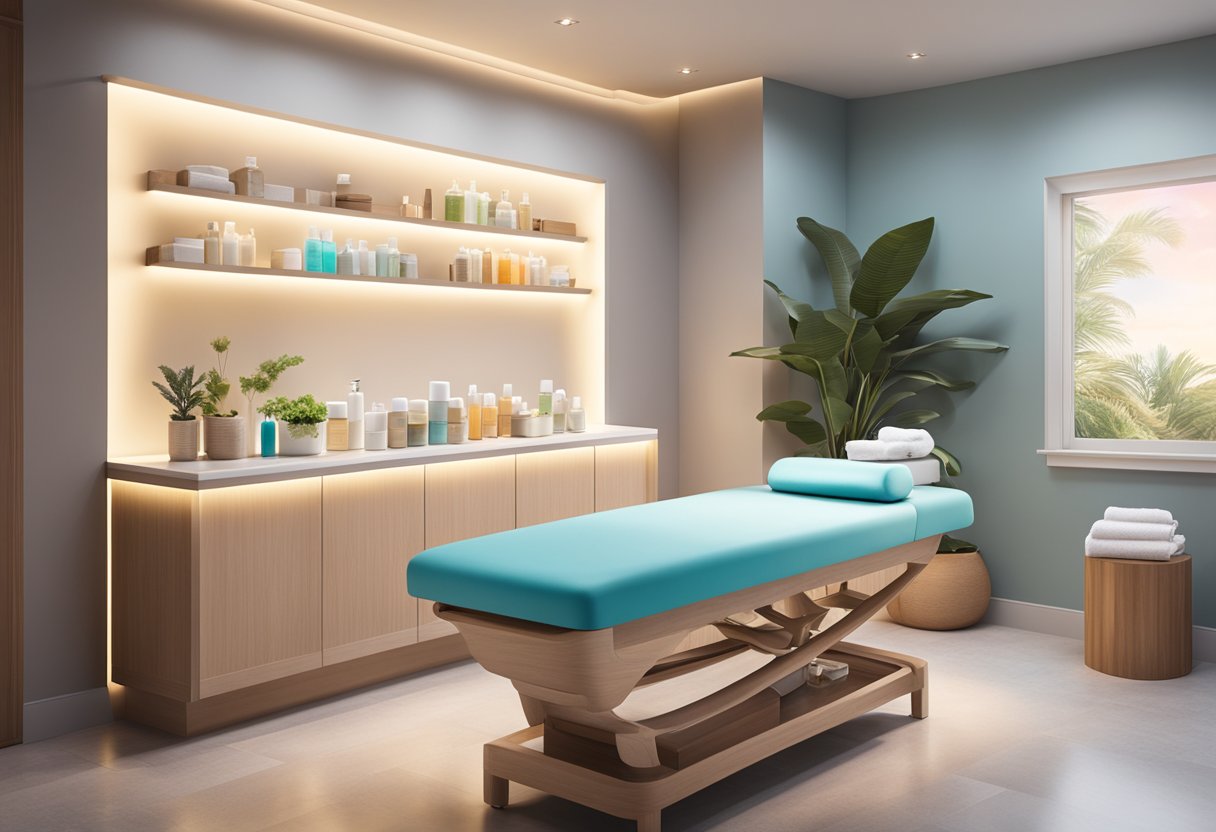 A serene spa room with a comfortable treatment bed, soft lighting, and a HydraFacial machine next to a shelf of skincare products