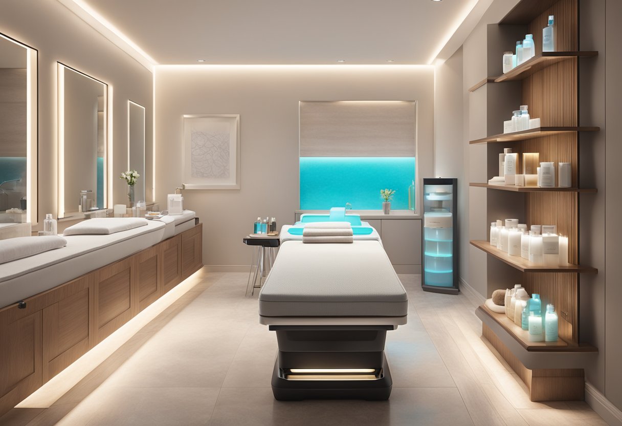 A serene spa room with a HydraFacial machine, soft lighting, and an array of skincare products neatly displayed on a table