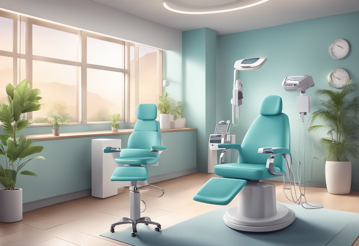 A serene and modern dermatology office with a comfortable treatment chair and a professional skincare machine