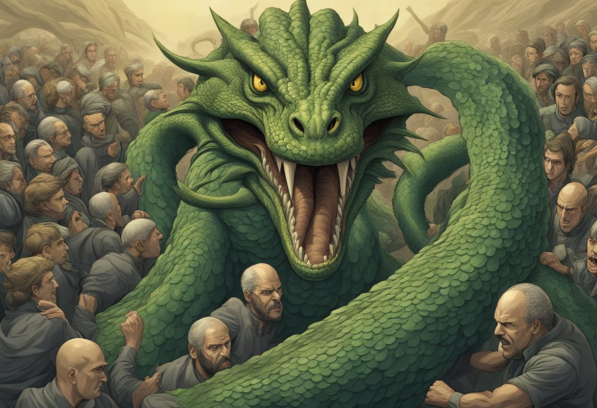 A personified Hydra with a menacing expression, surrounded by a group of people recoiling in fear and avoiding eye contact