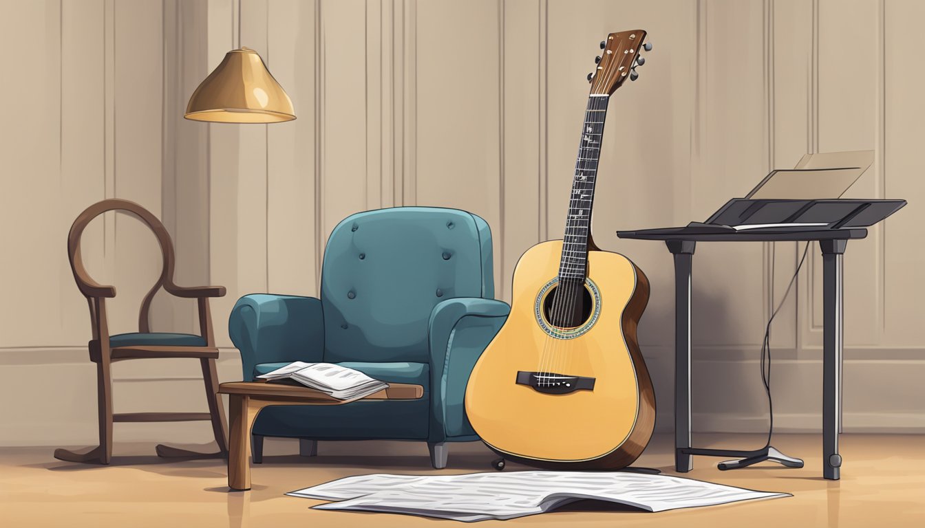 A guitar resting on a stand, with a pick and music sheet nearby.</p><p>A chair and music stand are positioned in front of the guitar