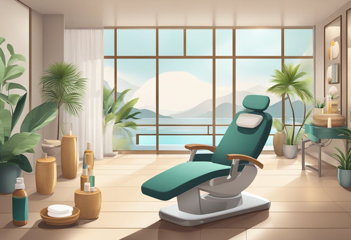 A serene spa room with a reclining treatment chair and a soothing ambiance. Various skincare products and equipment are neatly arranged on a table