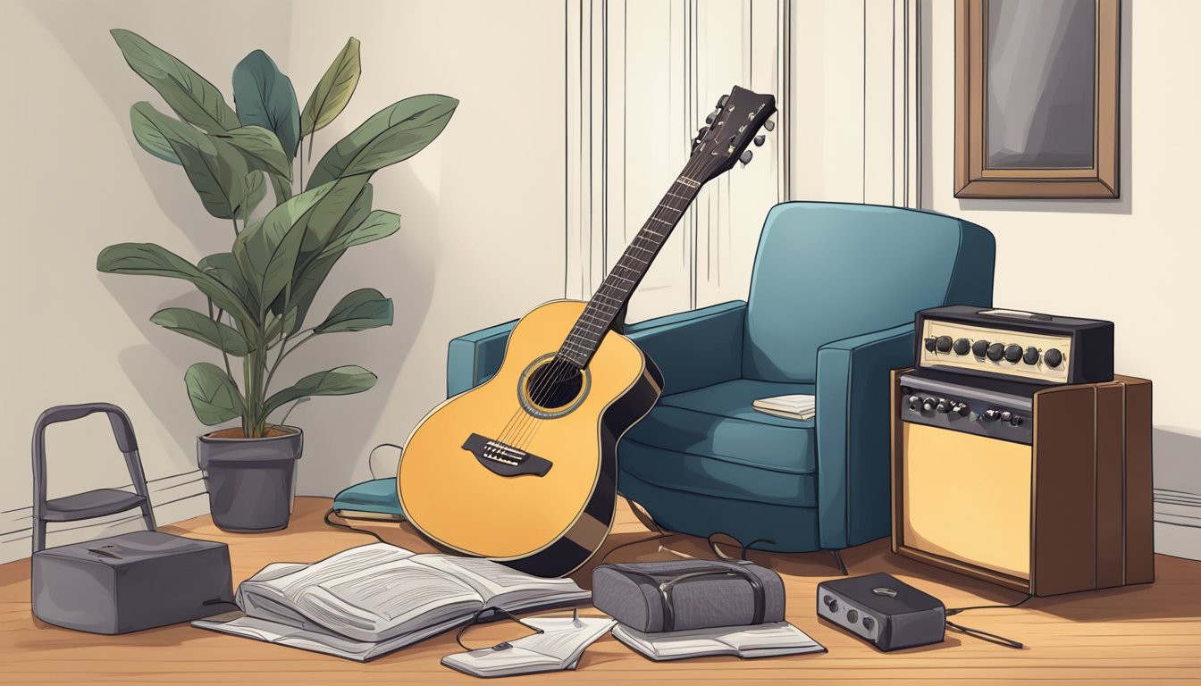 A guitar lying on a stand, surrounded by a tuner, picks, and a music book, with a chair nearby for the player to sit and begin practicing