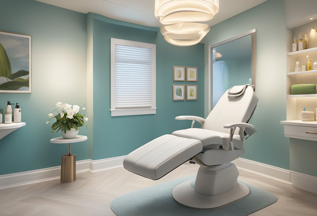 A serene spa room with a comfortable treatment chair, soft lighting, and a HydraFacial machine. Before and after photos displayed on the wall show glowing, rejuvenated skin