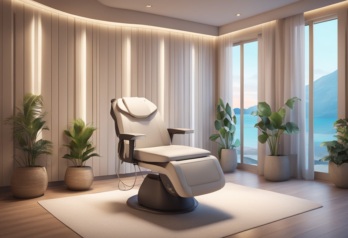 A serene spa room with a comfortable treatment chair, soft lighting, and a HydraFacial machine, surrounded by calming decor and soothing music