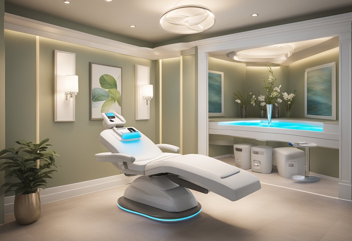 A serene spa room with a comfortable treatment chair, soft lighting, and a display of before-and-after photos showcasing the real results of a HydraFacial treatment