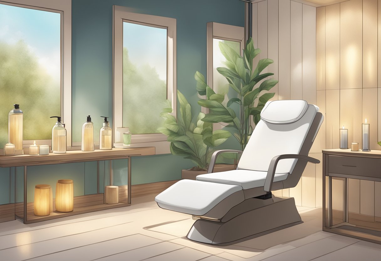 A serene spa room with a treatment chair, soft lighting, and a serene atmosphere. A before and after comparison of skin texture and hydration levels