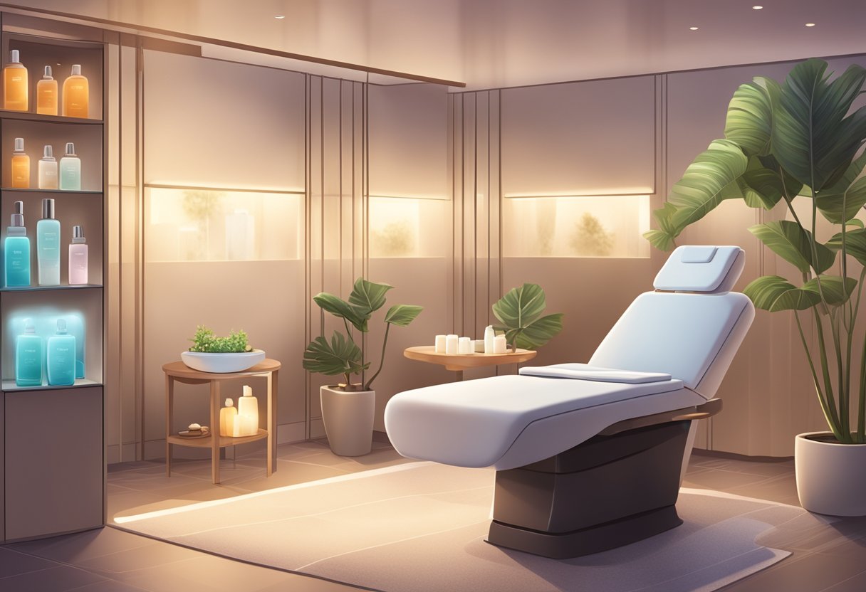 A serene spa environment with a treatment chair, skincare products, and a before-and-after display of glowing, healthy skin