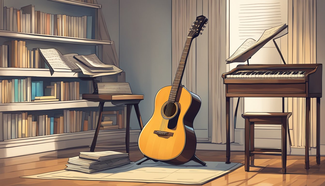 A guitar resting on a stand, surrounded by sheet music, a metronome, and a music theory book.</p><p>A comfortable chair and a music stand nearby