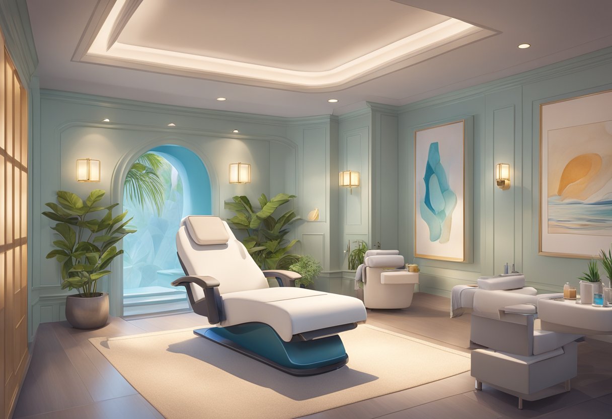 A serene spa room with a reclining chair, soft lighting, and a HydraFacial machine in the center, surrounded by calming decor