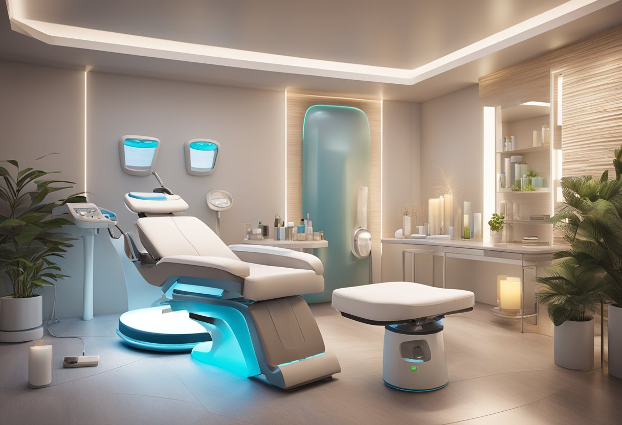 A serene spa room with a reclining chair, soft lighting, and a HydraFacial machine set up with various attachments and skincare products