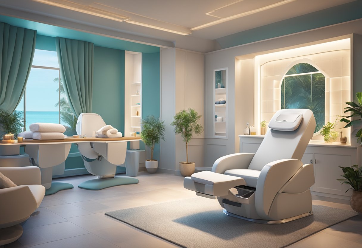 A serene spa room with a comfortable treatment chair, soft lighting, and a HydraFacial machine set up for a relaxing skincare session