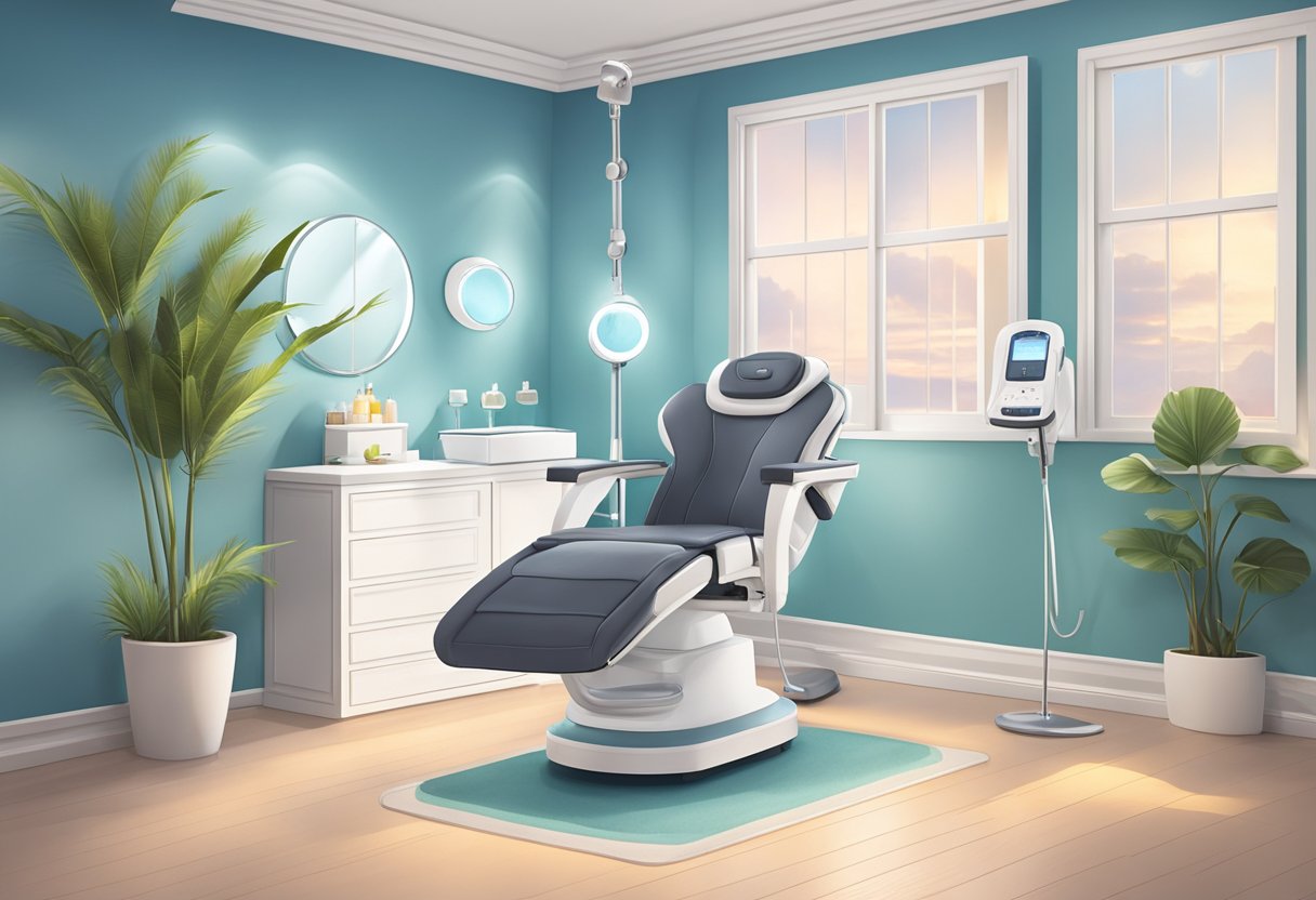 A serene spa room with a comfortable treatment chair, soft lighting, and a HydraFacial machine ready for use