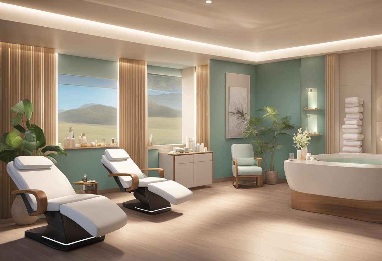 A serene spa room with a reclining treatment chair, soft lighting, and a display of skincare products