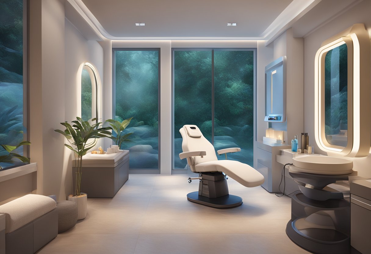 A serene spa room with a comfortable treatment chair, soft lighting, and a HydraFacial machine in the background