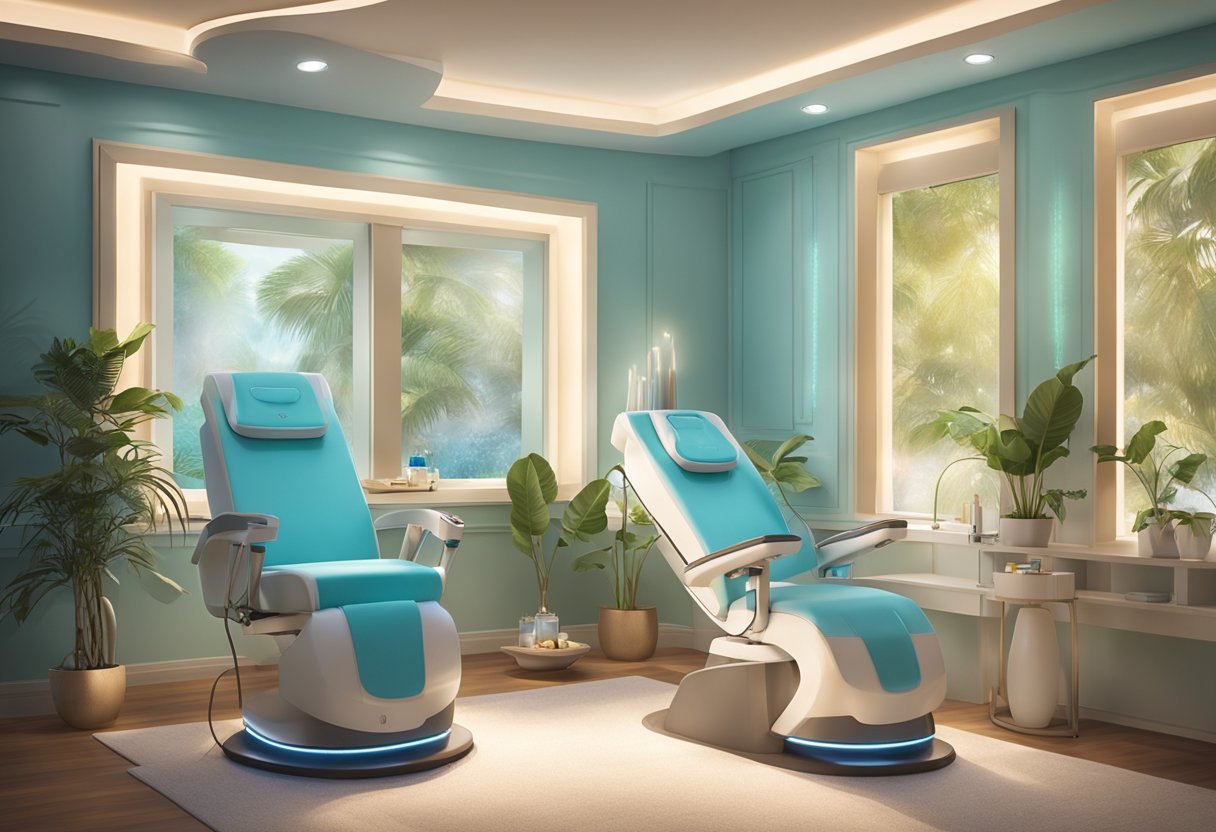 A serene spa room with a reclining chair, soft lighting, and a HydraFacial machine set up for treatment