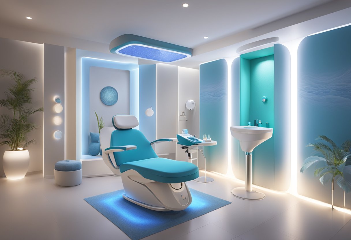 A serene spa room with a comfortable treatment chair, soft lighting, and a sleek HydraFacial machine ready for use