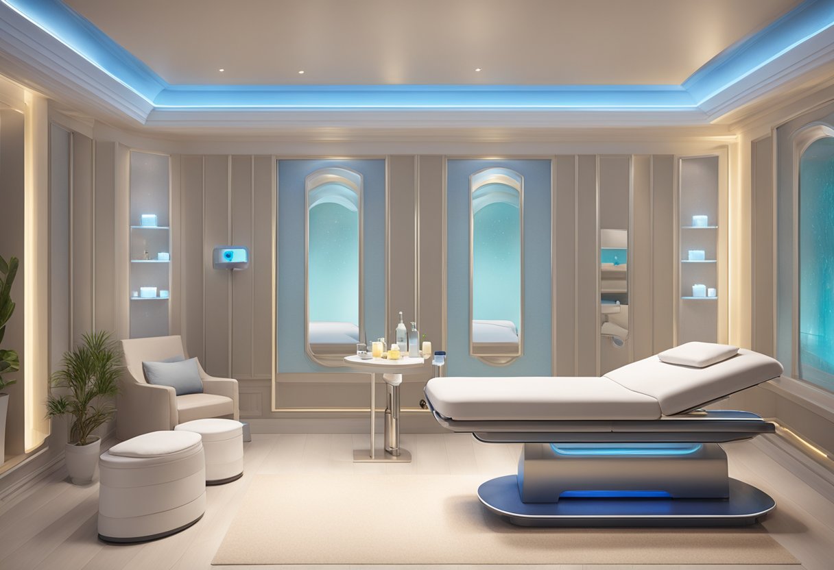 A serene spa room with a comfortable treatment bed, soft lighting, and a professional HydraFacial machine