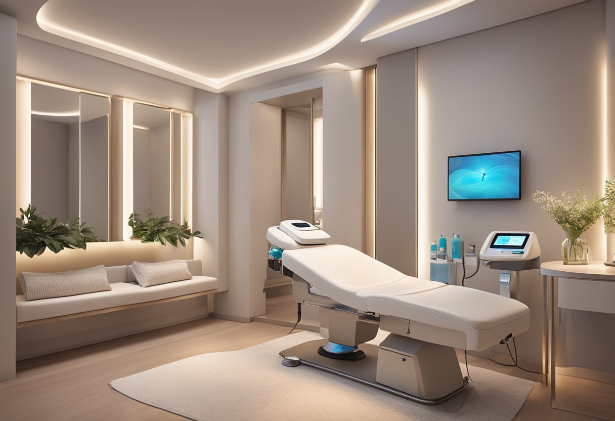 A serene spa room with a comfortable treatment chair, soft lighting, and a soothing atmosphere. A HydraFacial machine and various skincare products are neatly arranged on a nearby table