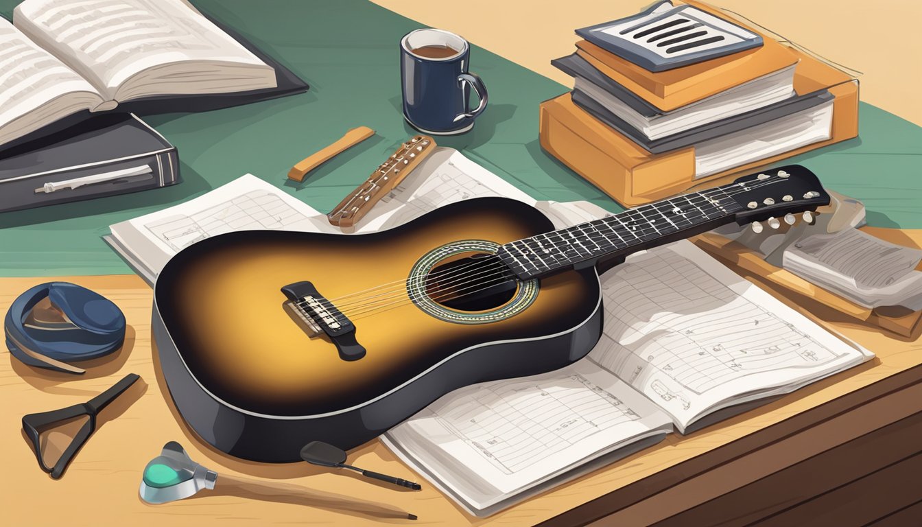 A guitar resting on a stand, with a pick nearby.</p><p>A music book open to a beginner lesson, and a tuner on the table