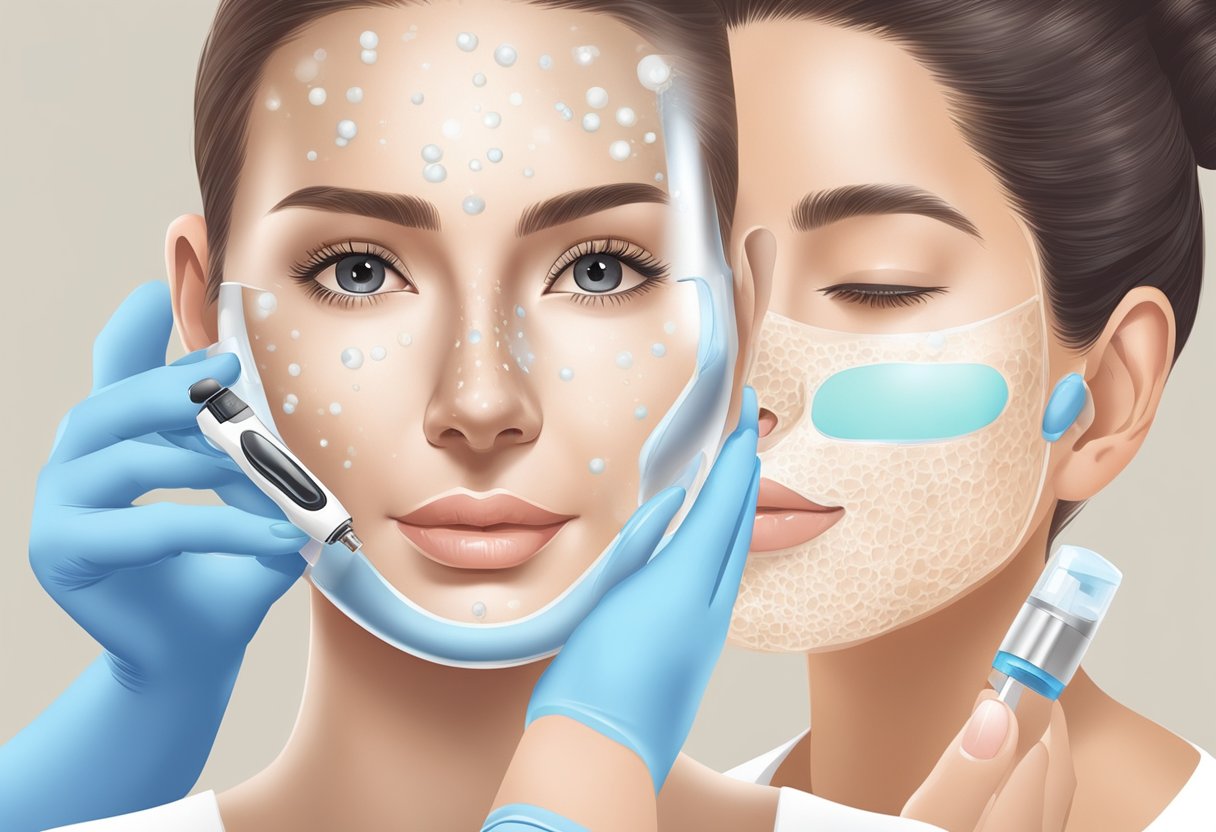 A dermatologist performing a HydraFacial treatment on a model with acne scars, using a specialized tool to exfoliate and hydrate the skin