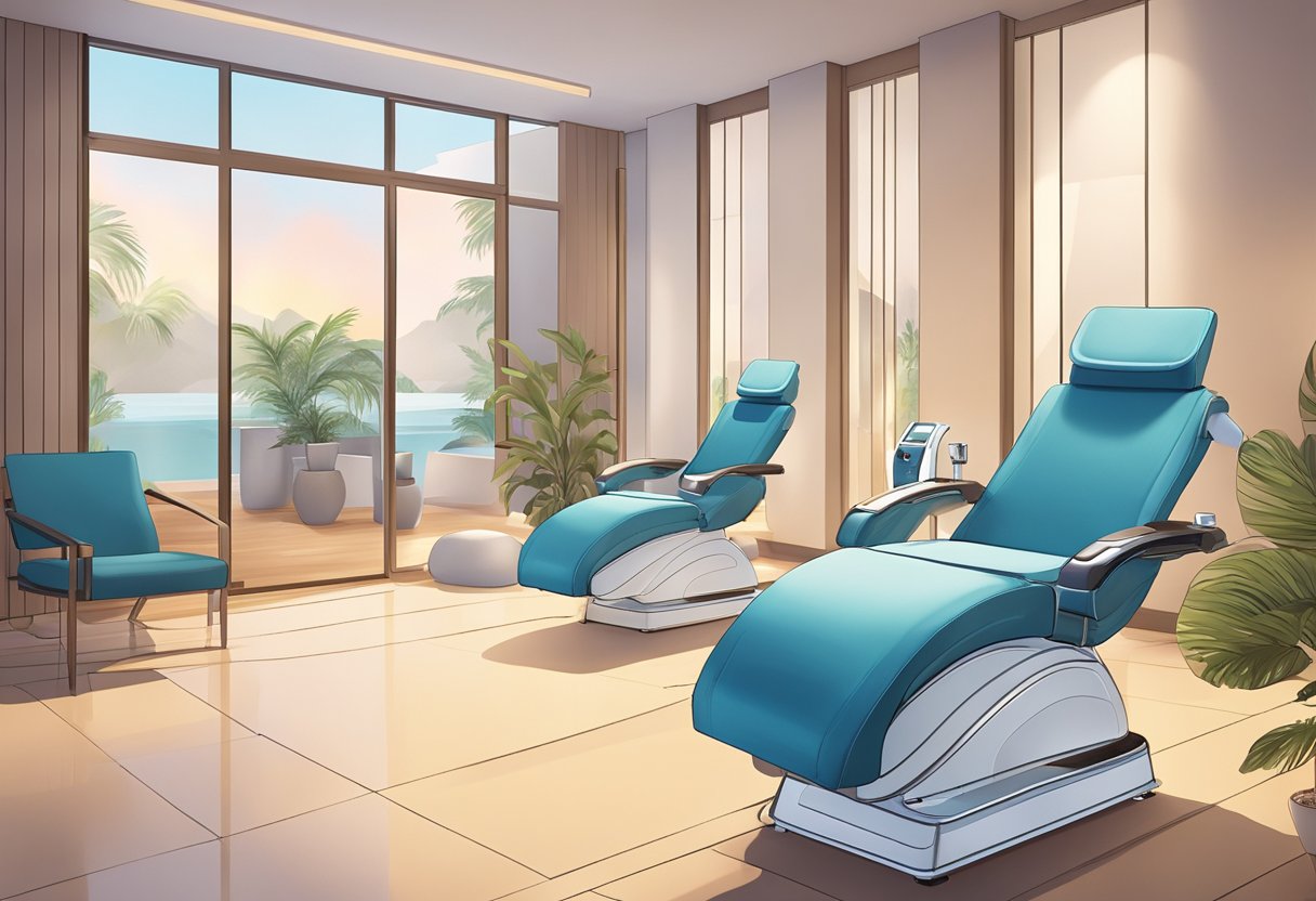 A serene spa room with a reclining treatment chair, a HydraFacial machine, and soft ambient lighting