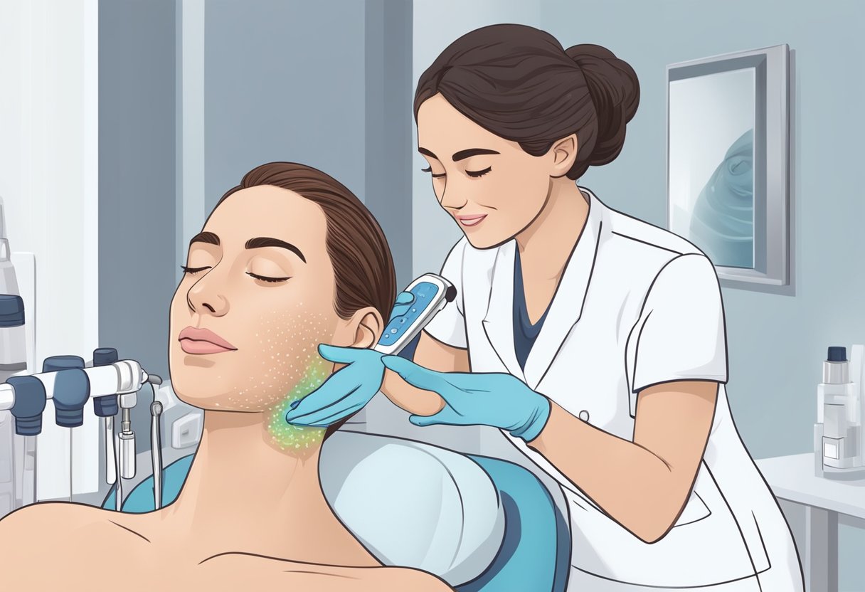 A dermatologist performing a HydraFacial treatment on scarred skin, using a handheld device to cleanse and exfoliate the skin