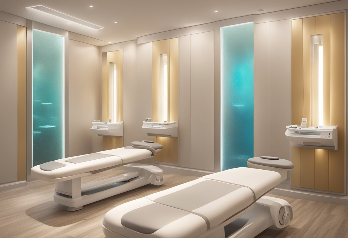 A serene spa room with a HydraFacial machine, soft lighting, and soothing music. A before-and-after photo display of acne scars shows visible improvement