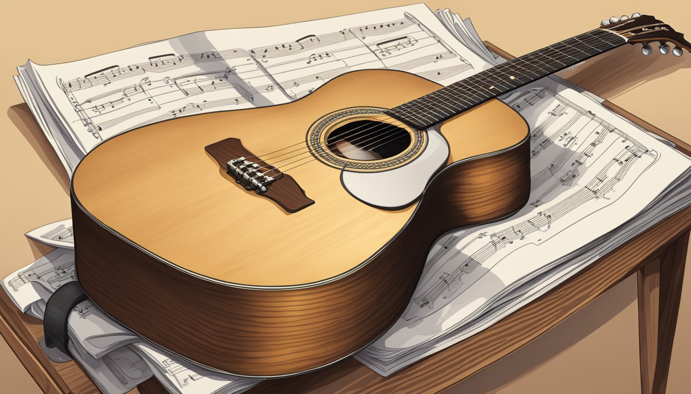 An acoustic guitar resting on a wooden stool, with a capo placed on the neck and a sheet of music nearby