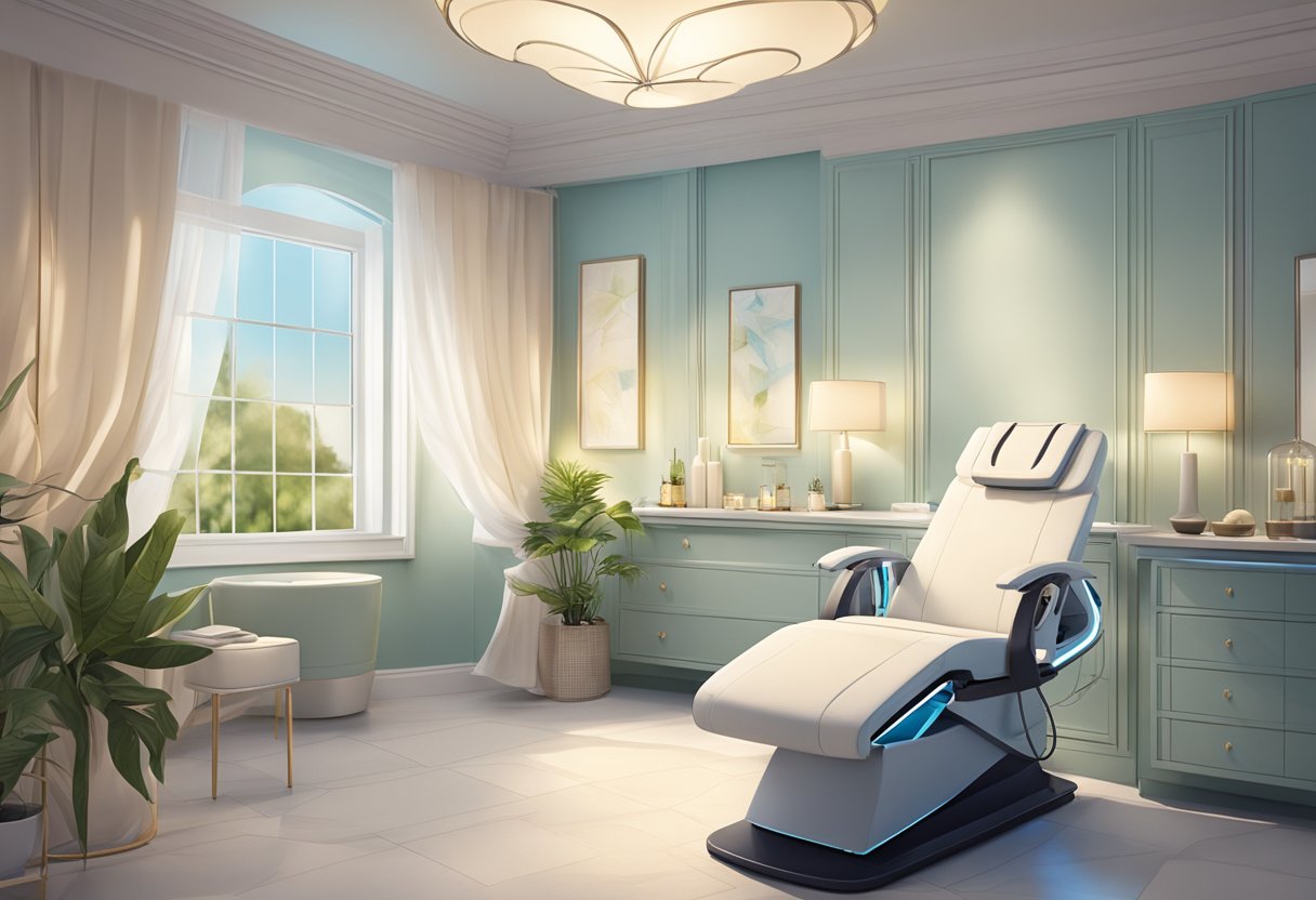 A serene spa room with a comfortable treatment chair, soft lighting, and a HydraFacial machine for acne scar treatment