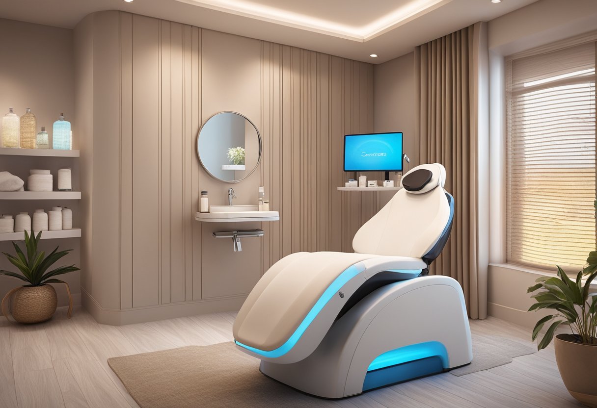 A serene spa room with soft lighting and a comfortable treatment chair.