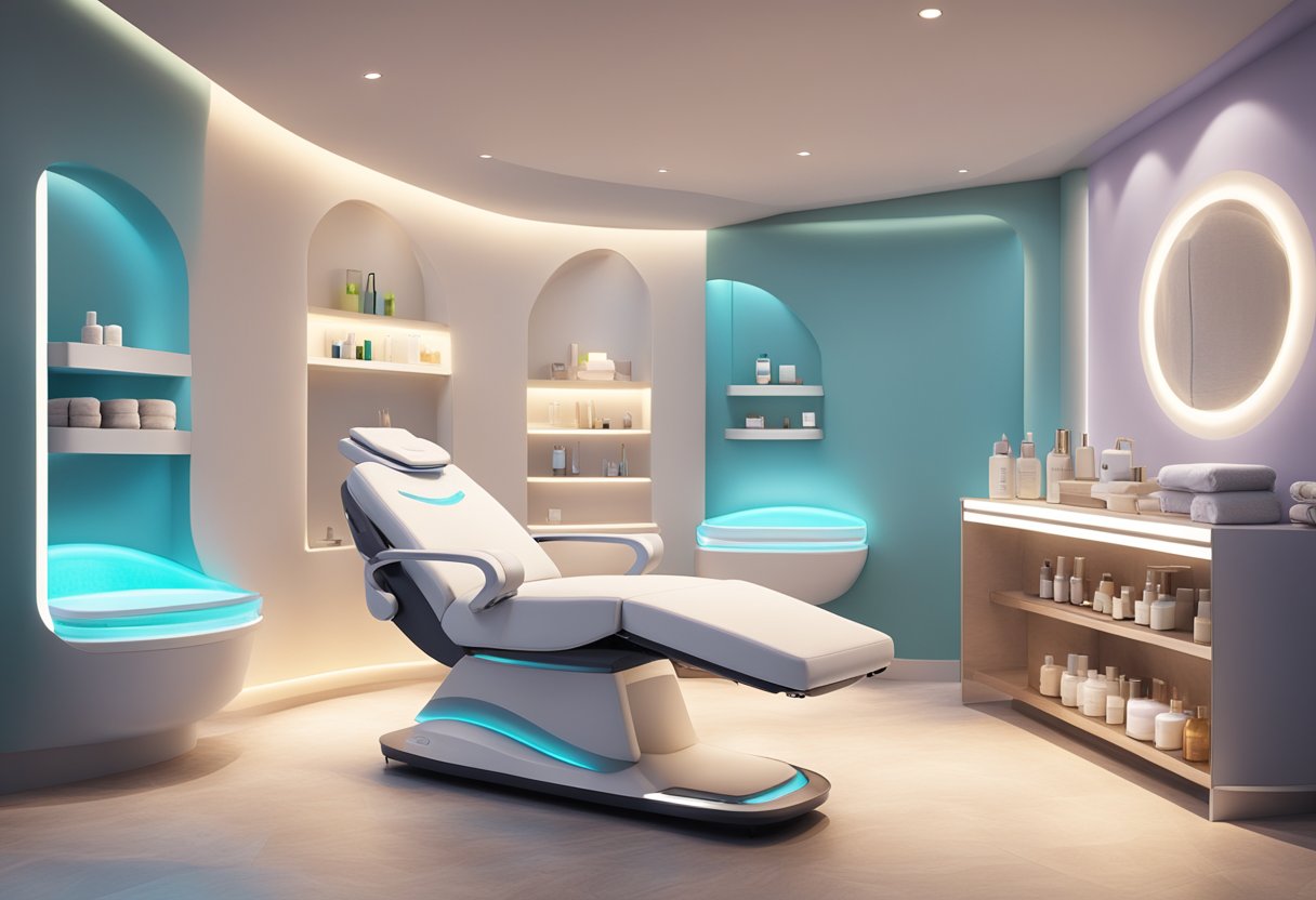 A serene spa room with a reclined treatment chair, soft ambient lighting, and a HydraFacial machine positioned next to a table of skincare products